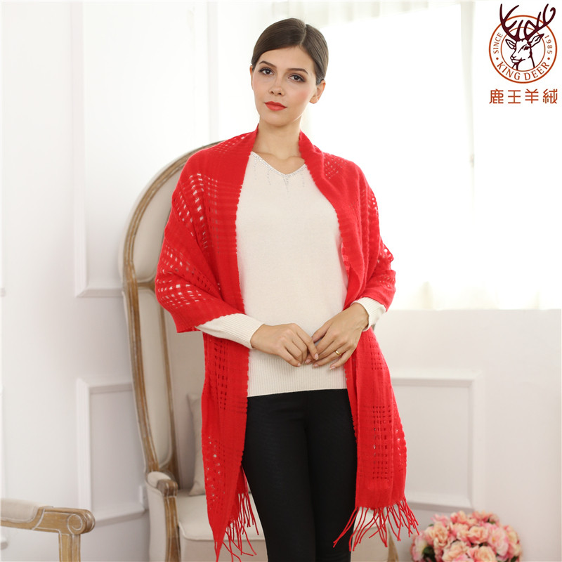 鹿王羊绒围巾女经典红色镂空时尚披肩白色百搭秋冬保暖民族风围脖