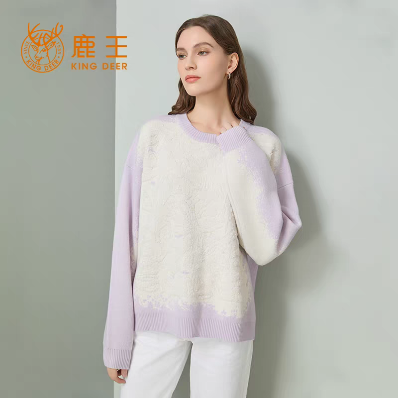 鹿王女士圆领纯山羊绒衫秋冬季百搭保暖休闲简约提花针织打底毛衣