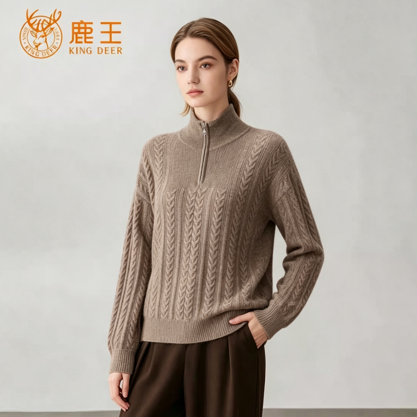 鹿王女士高领半拉链山羊绒衫毛衣