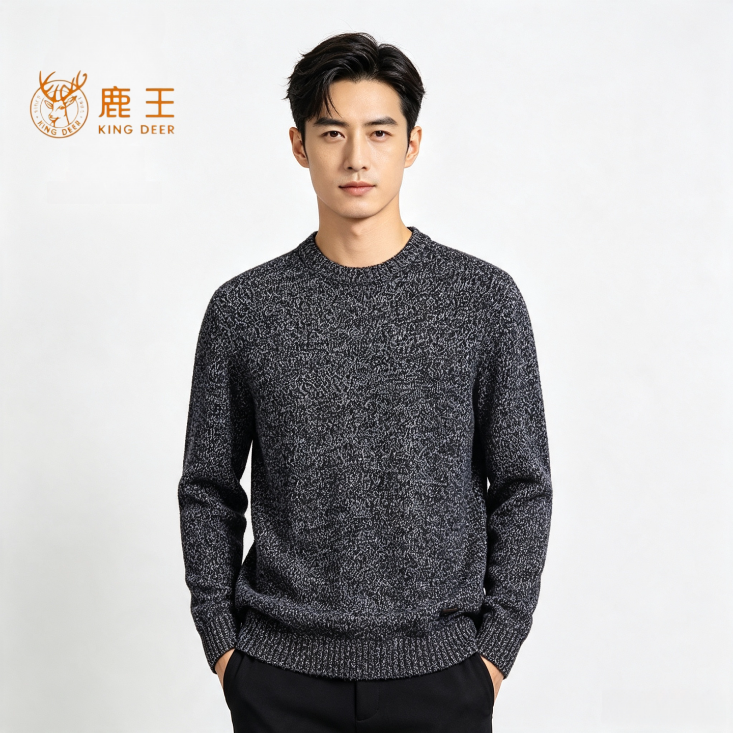 鹿王男士圆领保暖冬厚款山羊绒衫