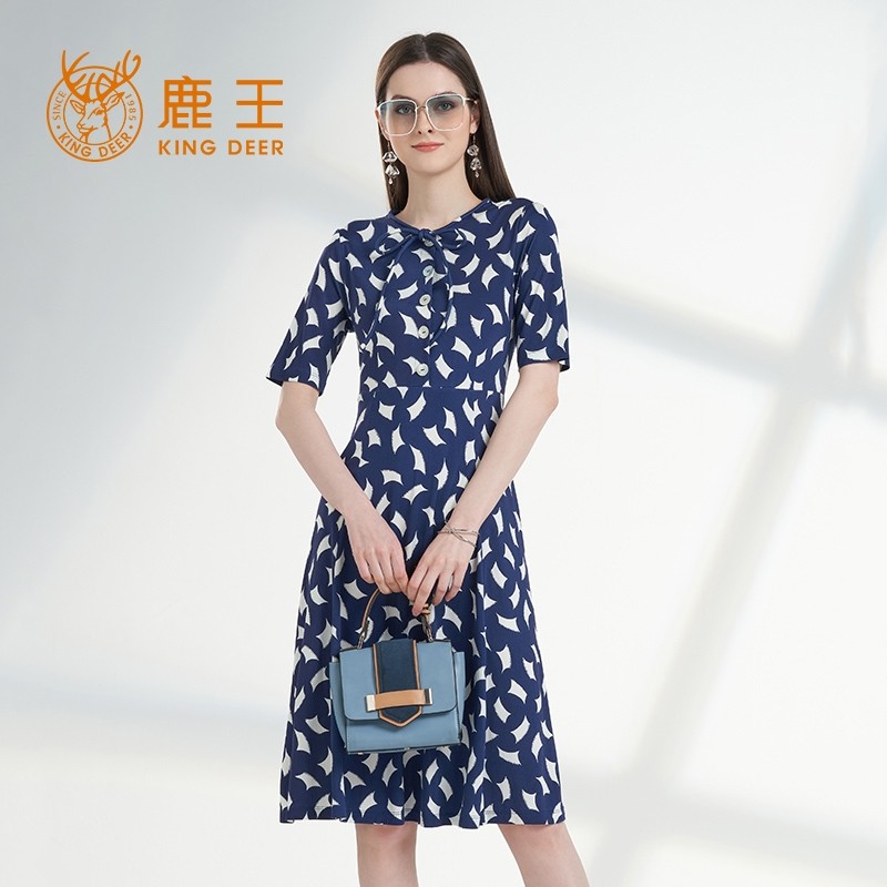king deer/鹿王桑蚕丝连衣裙女2023夏季新款商场同款真丝蓝色裙子