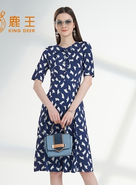 King Deer/鹿王桑蚕丝连衣裙女2023夏季新款商场同款真丝蓝色裙子