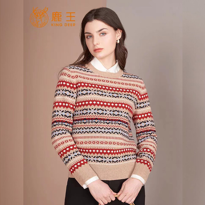 鹿王女山羊绒衫圆领套头打底撞色秋冬新品保暖厚款费尔岛提花白色