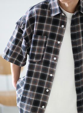 ABSURD LOGIC 荒诞逻辑 原创设计做旧毛边拼接法兰绒格子短袖衬衫