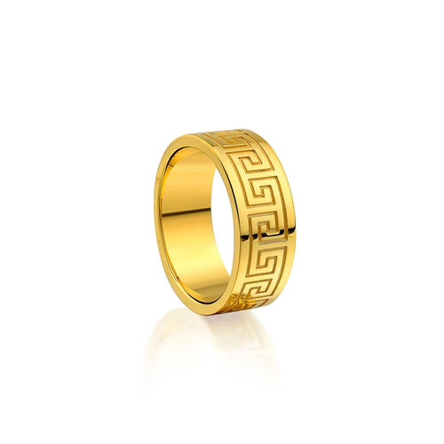 足金 999 回纹戒指 8mm 宽实心经典中式万字回纹黄金素圈指环