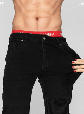 REMEFIT 超弹重工水洗丹宁运动休闲深蹲肌肉健身小脚牛仔裤黑色男
