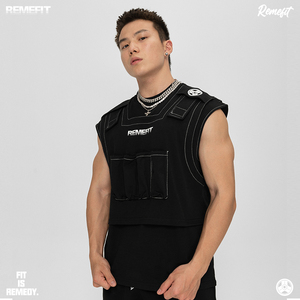 REMEFIT 重工美式战术马甲 假两件纯棉弹力宽松运动健身坎肩背心