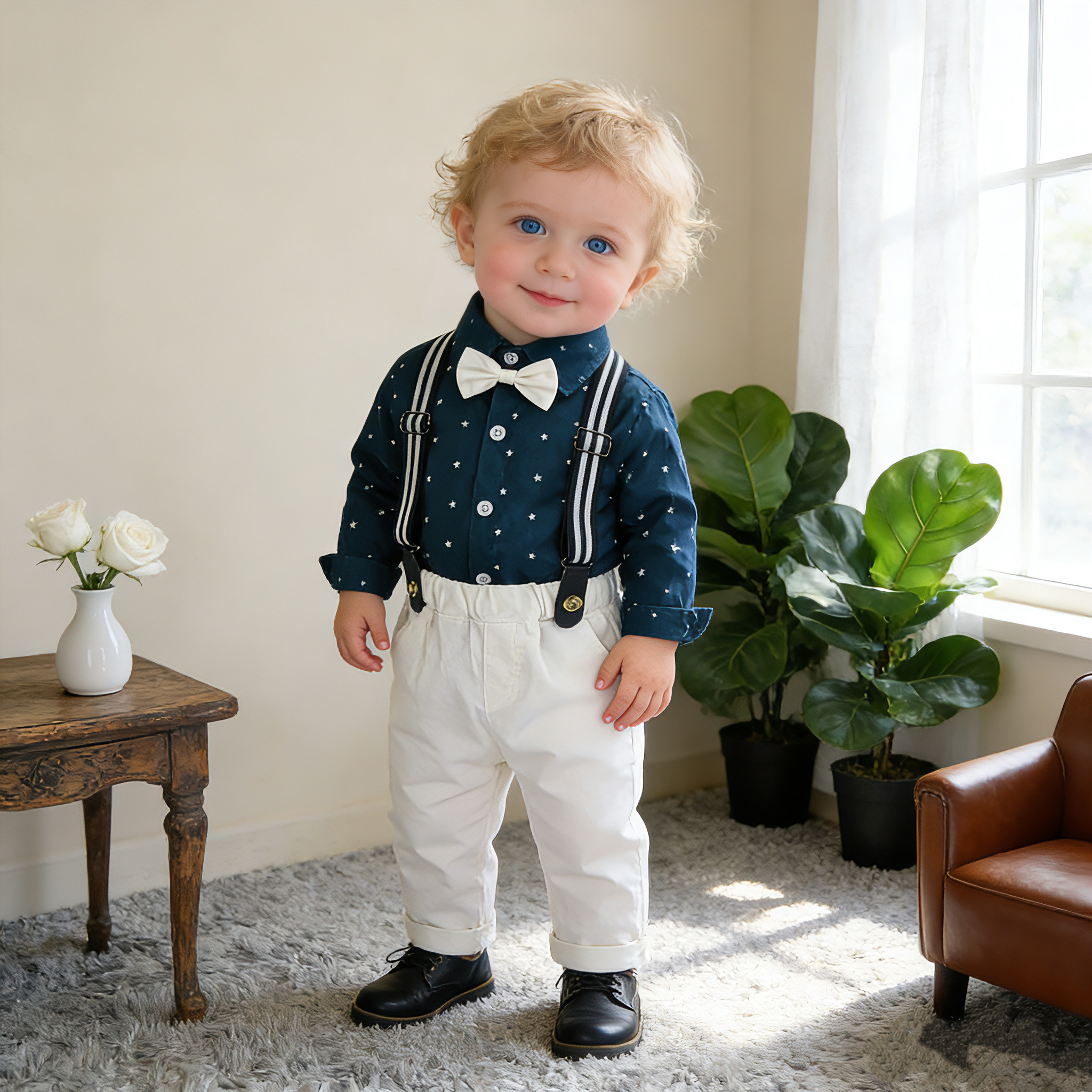 男童西装衬衫背带裤两件套宝宝周岁绅士礼服欧美风西服春秋花童