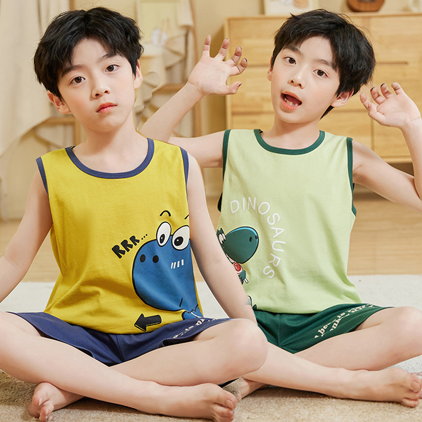 儿童睡衣男童夏季薄款纯棉无袖棉绸家居服男孩宝宝背心套装空调服