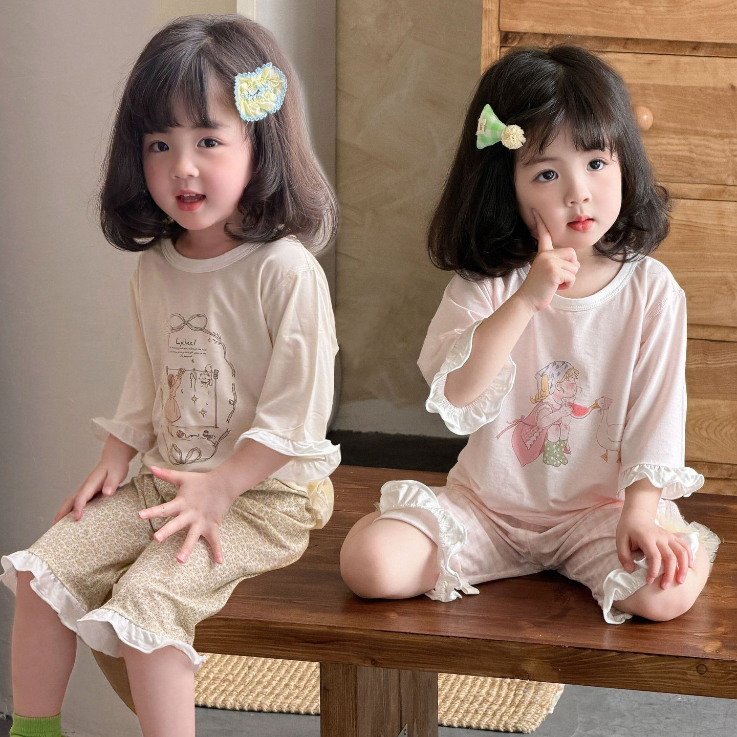 儿童睡衣女童莫代尔家居服夏季薄款七分袖男童女孩宝宝空调服套装