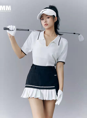 韩版高尔夫球服装女套装夏季冰丝白色短袖POLO衫golf速干百褶短裙