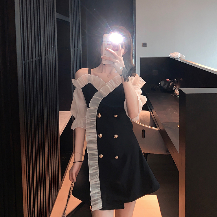 Real shot bubble sleeve suspender skirt with mesh stitching irregular off shoulder dress