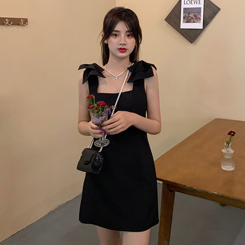 Real shot sleeveless French BOW STRAP DRESS