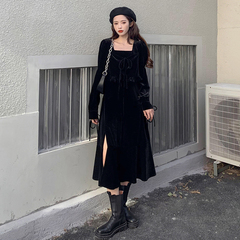Real shot black velvet slit dress