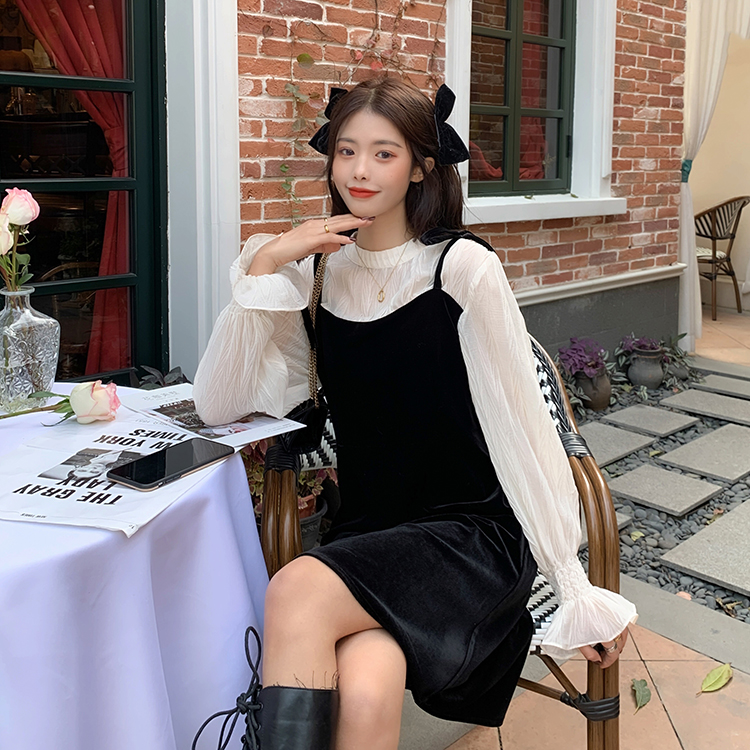 Two pieces of stitched medium length velvet dress