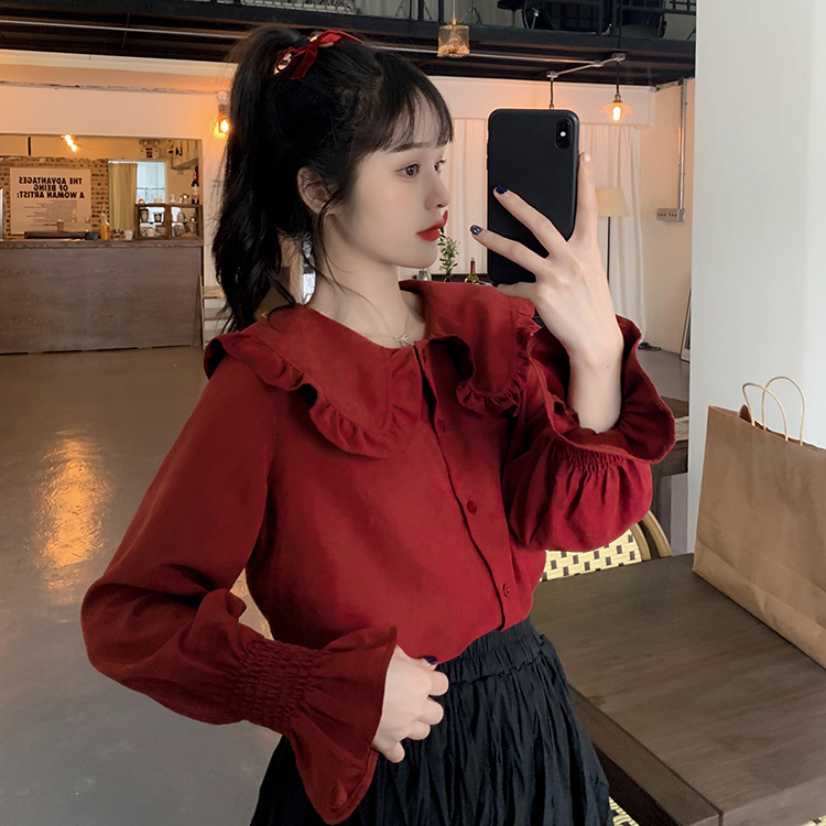Real shot baby collar bubble sleeve shirt women's design sense of foreign style long sleeve top