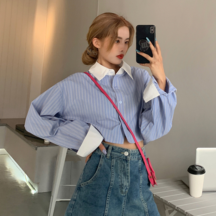 Real shot Lapel striped Long Sleeve Shirt