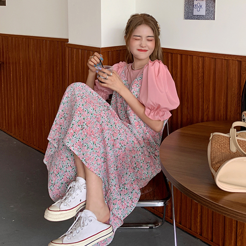 Real V-neck Chiffon pleated floral suspender dress two piece short sleeve base coat