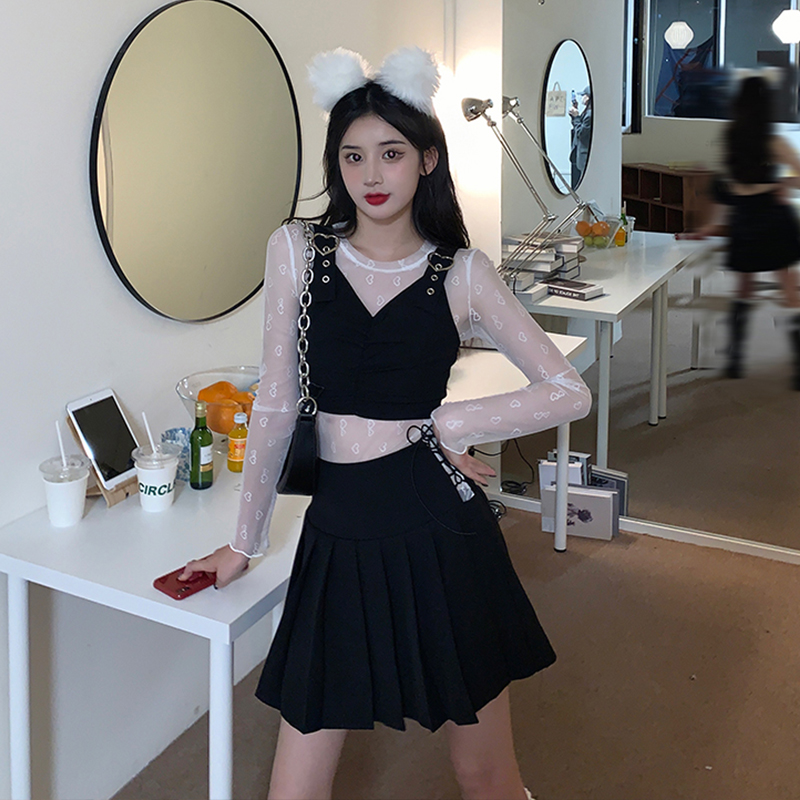 Real shot suspender vest LONG SLEEVE mesh top skirt three piece set