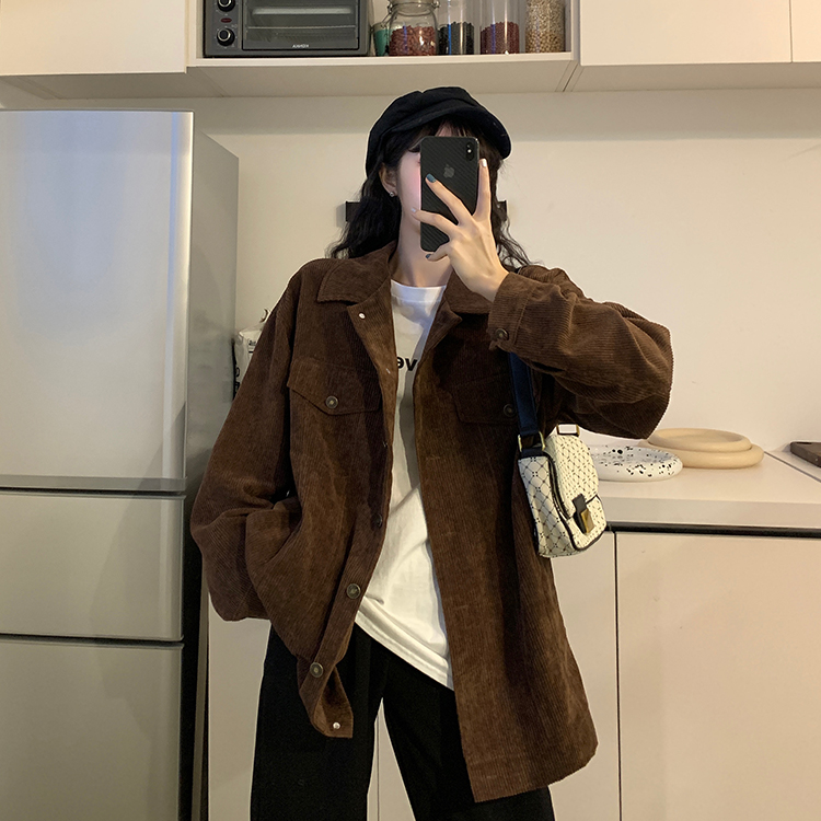 Real shot square collar single breasted long sleeve pocket corduroy coat