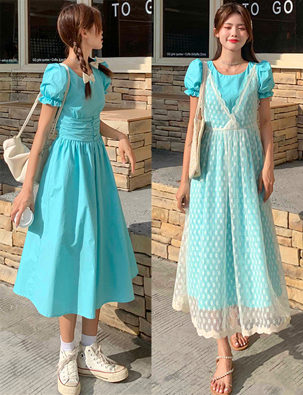 Take a real picture of the waist temperament pleated long dress with lace suspender skirt