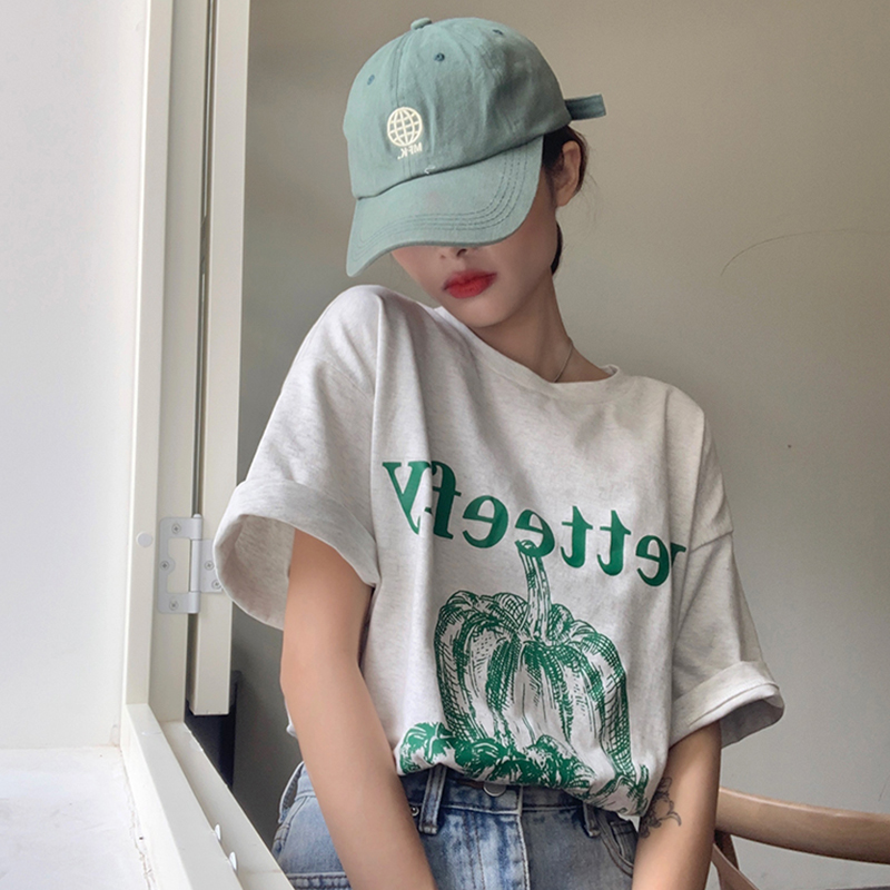 Real shot green pumpkin letter printed flower grey short sleeve T-shirt