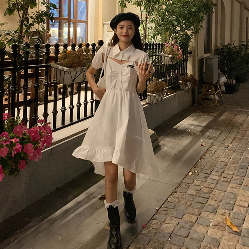 Real shot irregular Short Sleeve White suspender dress medium length two piece set