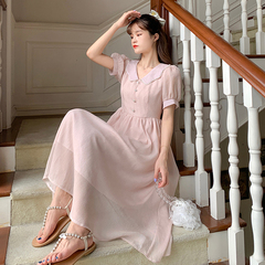French style small retro long skirt with waist closed to show thin temperament baby collar dress