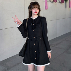 Real Hepburn dress temperament stitching long sleeve skirt small black skirt