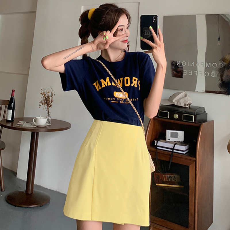 Real shot letter print short sleeve T-shirt two piece high waist A-line skirt