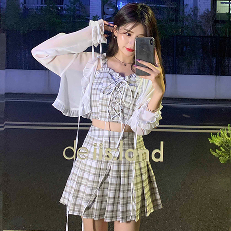 Real shot long sleeve air conditioner cardigan suspender vest Ruffle lattice skirt three piece set