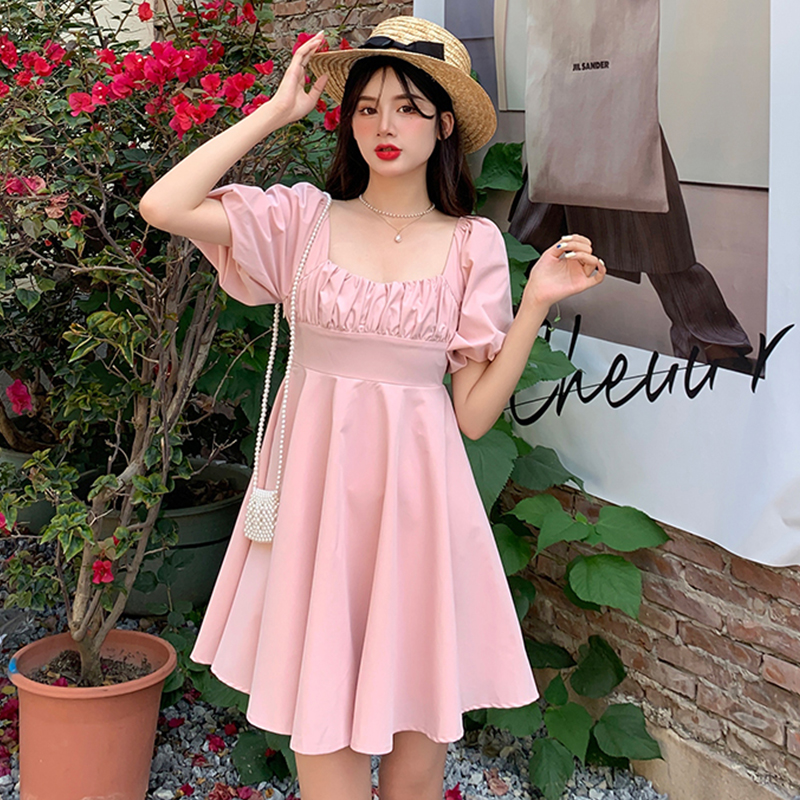 Real French gathered waist bubble sleeve square neck dress