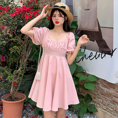 Real French gathered waist bubble sleeve square neck dress