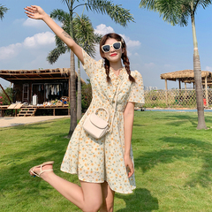 Real shot long and short V-neck bubble sleeve wood ear edge Floral Dress