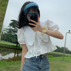 Real shot design big pointed collar bubble sleeve short shirt