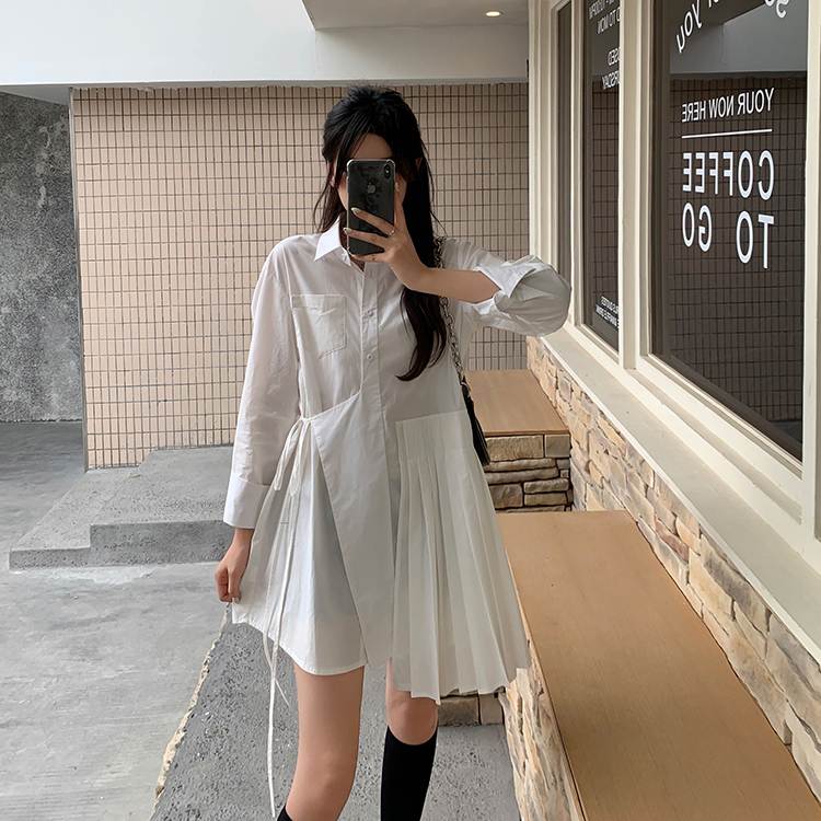 Real shot design irregular stitching pleated lace up long sleeve dress