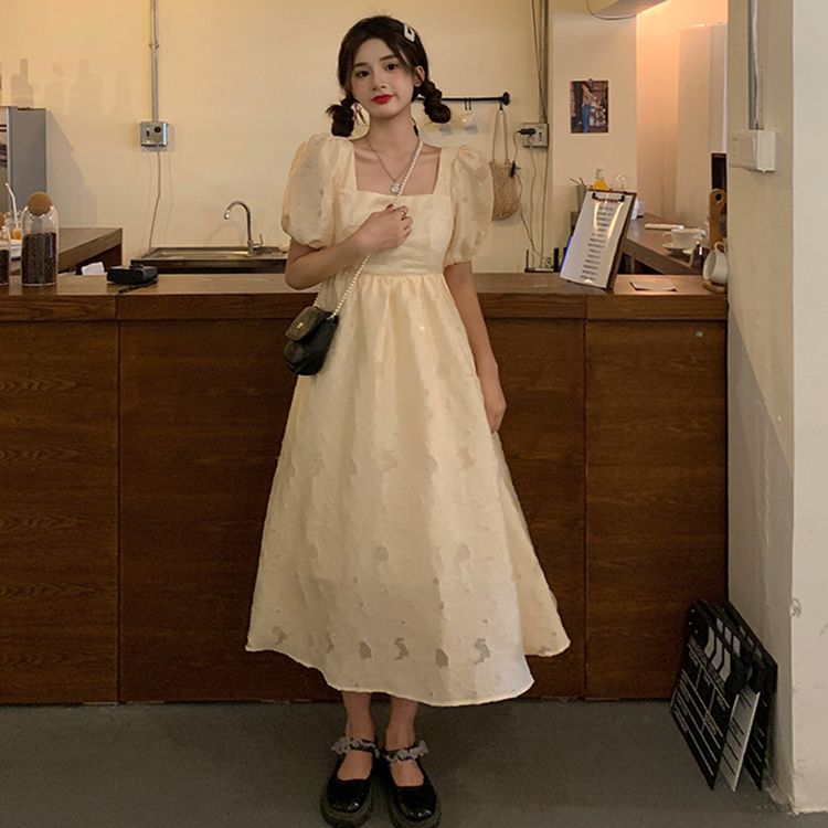 Real French square neck bubble sleeve bandage butterfly dew back puffy dress