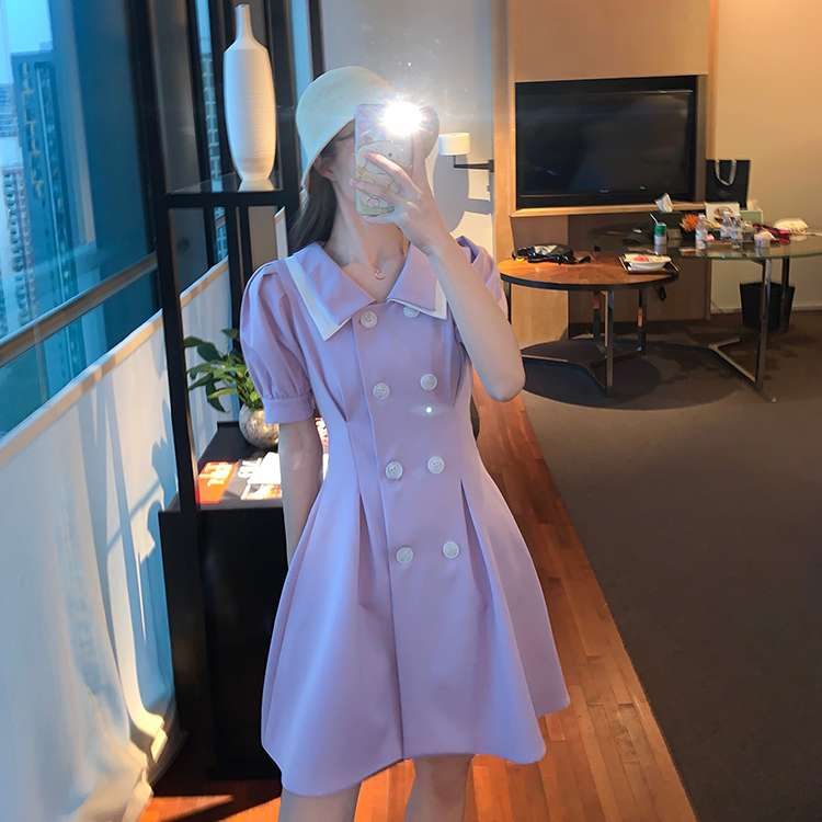 Real photo French double breasted suit dress with bubble sleeves and waist closing skirt for girls