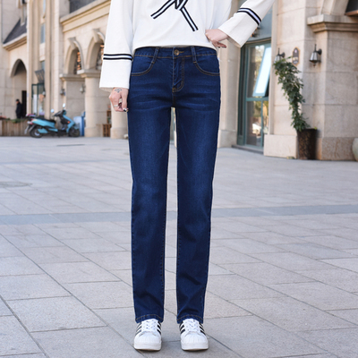 深色直筒牛仔长裤弹力简约时尚
