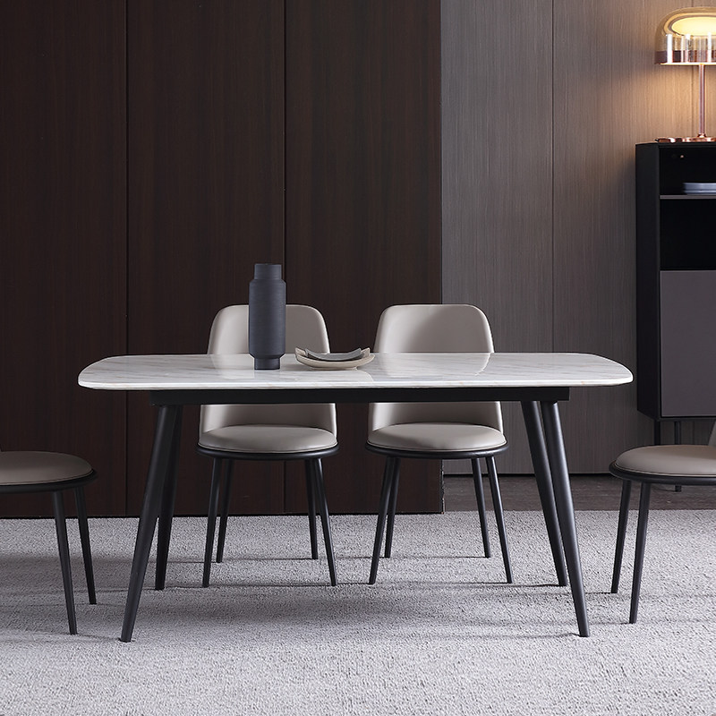 北欧大理石台面餐桌轻奢岩板现代简约长方形家用饭桌子一桌六椅