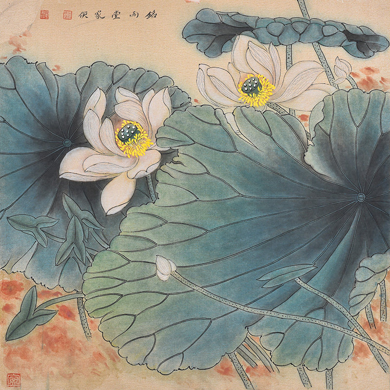 美协名家纯手绘四尺斗方工笔花鸟画荷花荷塘轻奢风玄关卧室装饰画