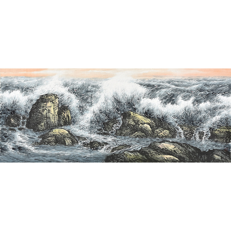 名家纯手绘国画大海海鸟 海纳百川 天水合一 观海听涛风景国画