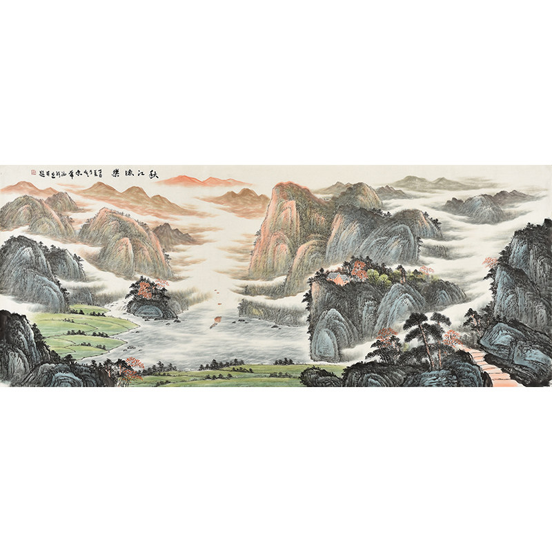 纯手绘国画风水山水画聚宝盆大瀑布流水生财 客厅挂画轻奢高级感