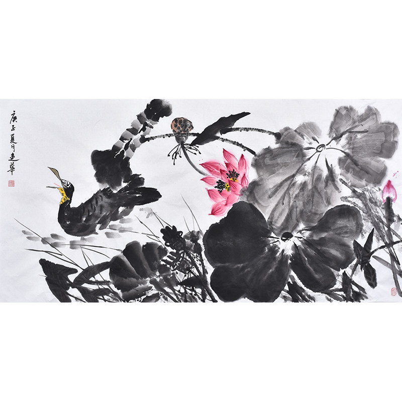 手绘真迹国画荷花玄关装饰画轻奢风进门入户走廊尽头过道挂手工画