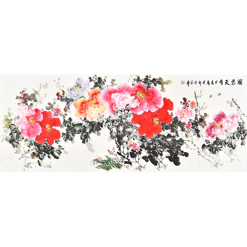 书画家协会书画名家马老师手绘国画牡丹《国色天香》公司大厅挂画
