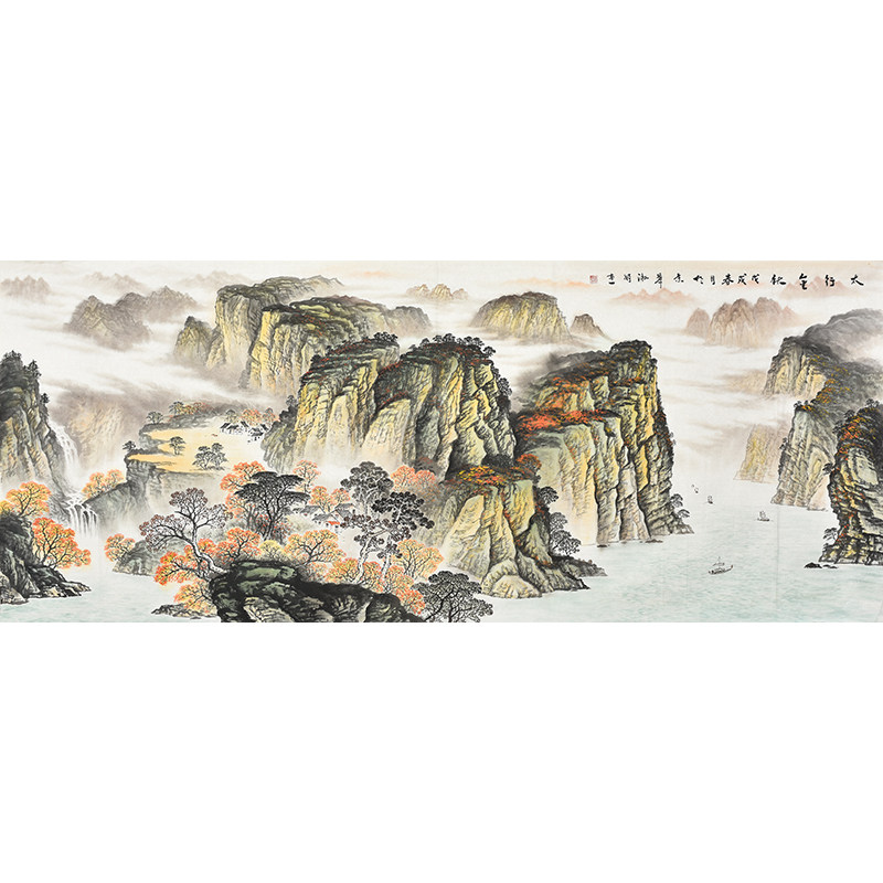 纯手绘一帆风顺山水画国画风水靠山客厅办公室挂画江岸居家乐业兴