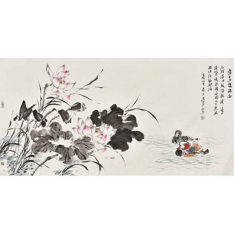 当代水墨画名家郑建东写意花鸟画《鸳鸯双嬉图》