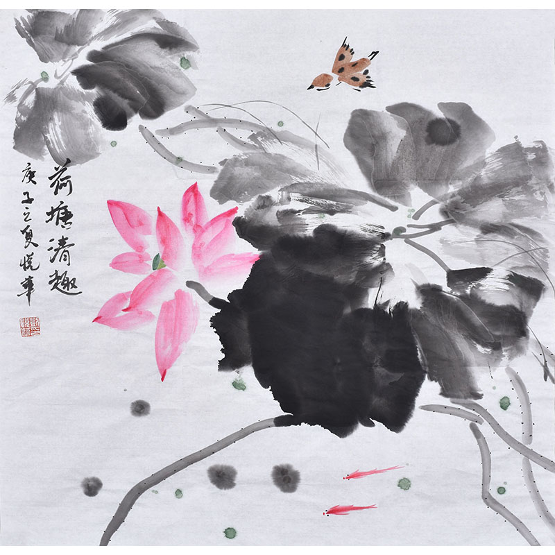 纯手绘四尺斗方写意花鸟画水墨荷花荷塘清趣轻奢风玄关走廊装饰画