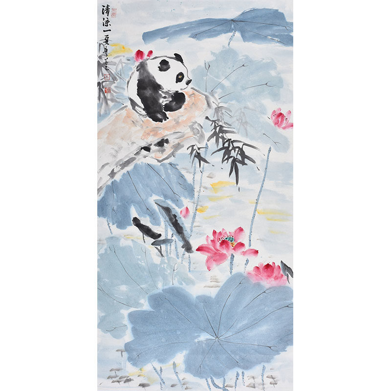 艺术市场潜力股 实力派青年画家朱老师珍藏级花鸟画荷花国宝熊猫