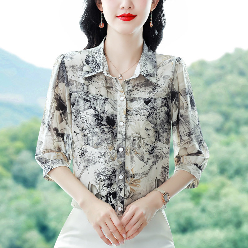 高档中年真丝雪纺衬衫女短袖秋季衬衫
